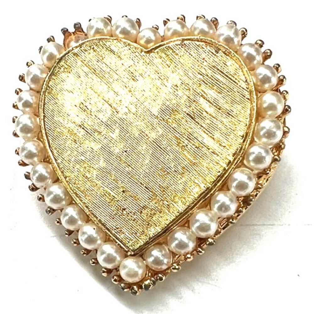 50's Mid Century Heart vintage art Nuovo brooch brushed gold tone faux pearls